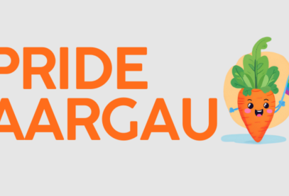 Das Logo der Pride Aargau mit einem Rüebli, das eine Regenbogenflagge hält