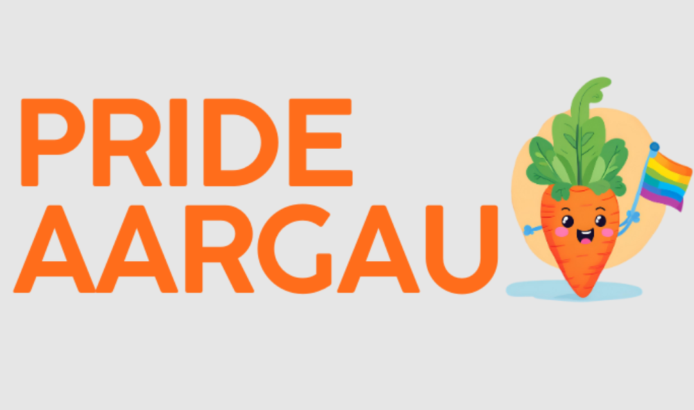 Das Logo der Pride Aargau mit einem Rüebli, das eine Regenbogenflagge hält