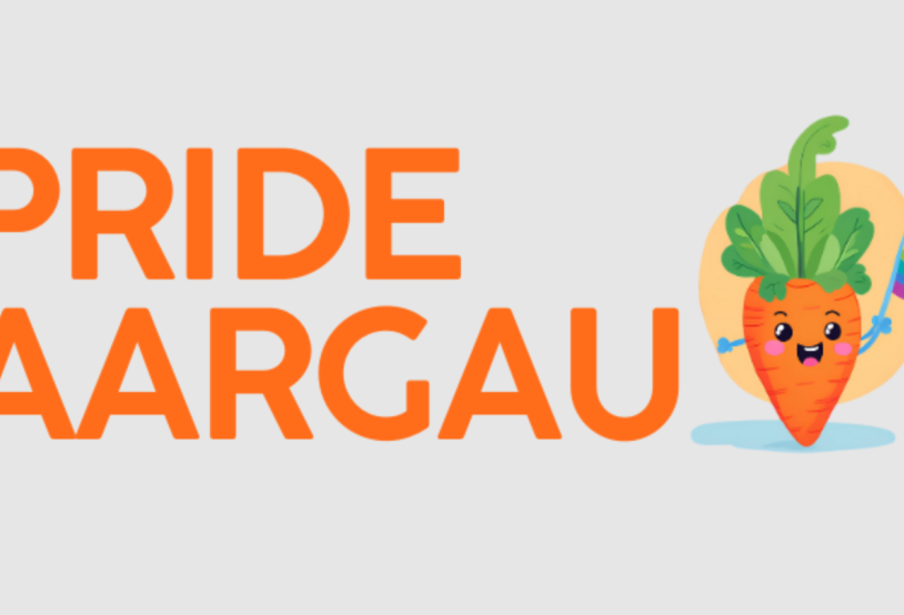 Das Logo der Pride Aargau mit einem Rüebli, das eine Regenbogenflagge hält