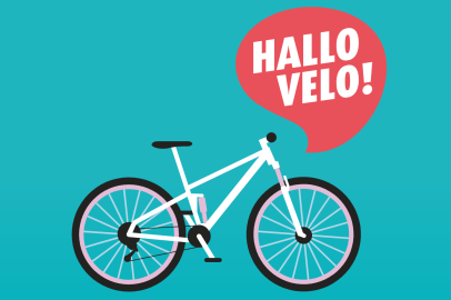 Illustration eines Velos auf türkisem Hintergrund mit dem Schriftzug Hallo Velo