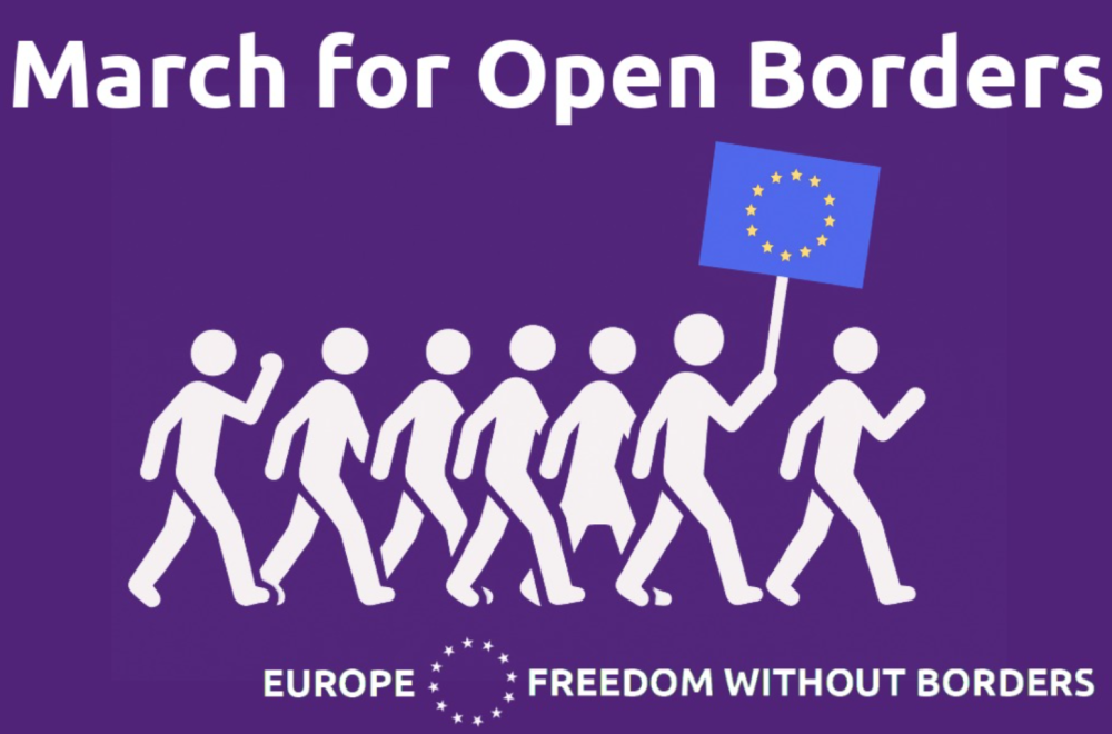 Illustration von Strichpersonen, die zusammen mit einer EU Flagge für Open Border protestieren.