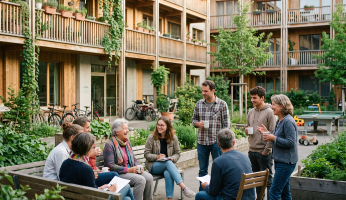 Eine diverse, generationsübergreifende Nachbarschaftsgruppe sitzt und steht im Gespräch vertieft im bepflanzten Innenhof einer Holz-Wohnsiedlung. Im Hintergrund befinden sich begrünte Balkone, Hochbeete und Fahrräder.
