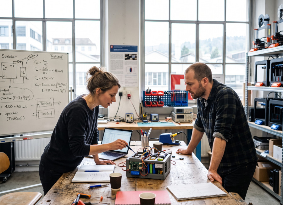 Zwei Personen in ihren Dreißigern stehen in einem hellen Werkstattlabor an einem Holztisch und analysieren gemeinsam einen offenen Energiespeicher-Prototyp. Im Hintergrund sind 3D-Drucker, Werkzeuge und ein Whiteboard mit Schaltskizzen zu sehen.