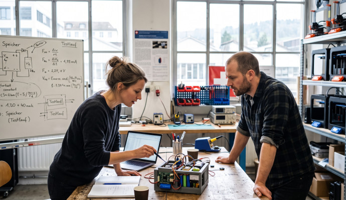 Zwei Personen in ihren Dreißigern stehen in einem hellen Werkstattlabor an einem Holztisch und analysieren gemeinsam einen offenen Energiespeicher-Prototyp. Im Hintergrund sind 3D-Drucker, Werkzeuge und ein Whiteboard mit Schaltskizzen zu sehen.
