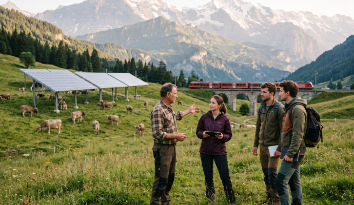 Drei junge Kampagnenvertreter:innen mit Tablet unterhalten sich auf einer Bergwiese mit einem Schweizer Landwirt über eine aufgeständerte Solaranlage. Im Hintergrund weiden Kühe unter den Paneelen, während ein roter Regionalzug über ein Viadukt vor Bergmassiven fährt.