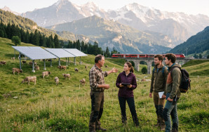 Drei junge Kampagnenvertreter:innen mit Tablet unterhalten sich auf einer Bergwiese mit einem Schweizer Landwirt über eine aufgeständerte Solaranlage. Im Hintergrund weiden Kühe unter den Paneelen, während ein roter Regionalzug über ein Viadukt vor Bergmassiven fährt.