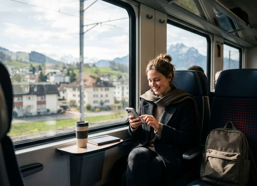 Eine junge Frau sitzt lächelnd am Fenster eines modernen Schweizer Zugs und bedient ihr Smartphone. Auf dem Tischchen vor ihr stehen ein Mehrwegbecher und ein Notizbuch, während draußen sanft verschwommene Gebäude und alpine Hügel im Tageslicht vorbeiziehen.